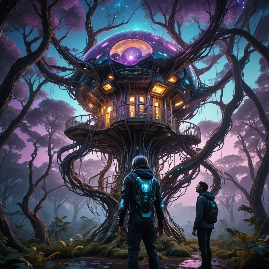 Bioluminescent Alien Treehouse in Fantasy Forest