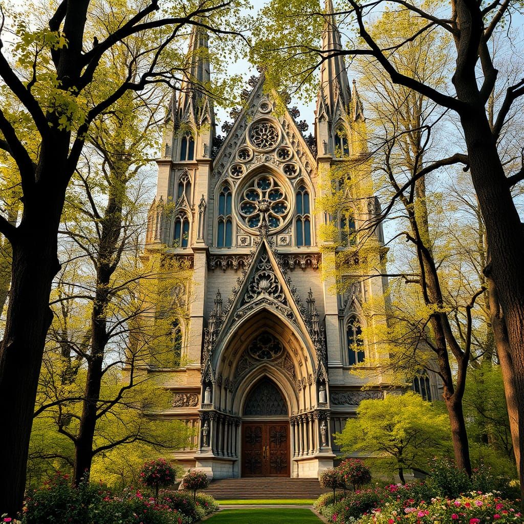 Cathedral Facade in Spring Forest: Gothic Revival Art Nouvea...
