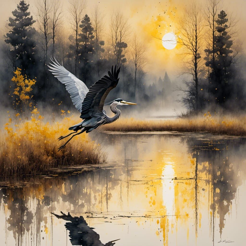 Heron's Flight: Dawn Over Lake in Watercolor