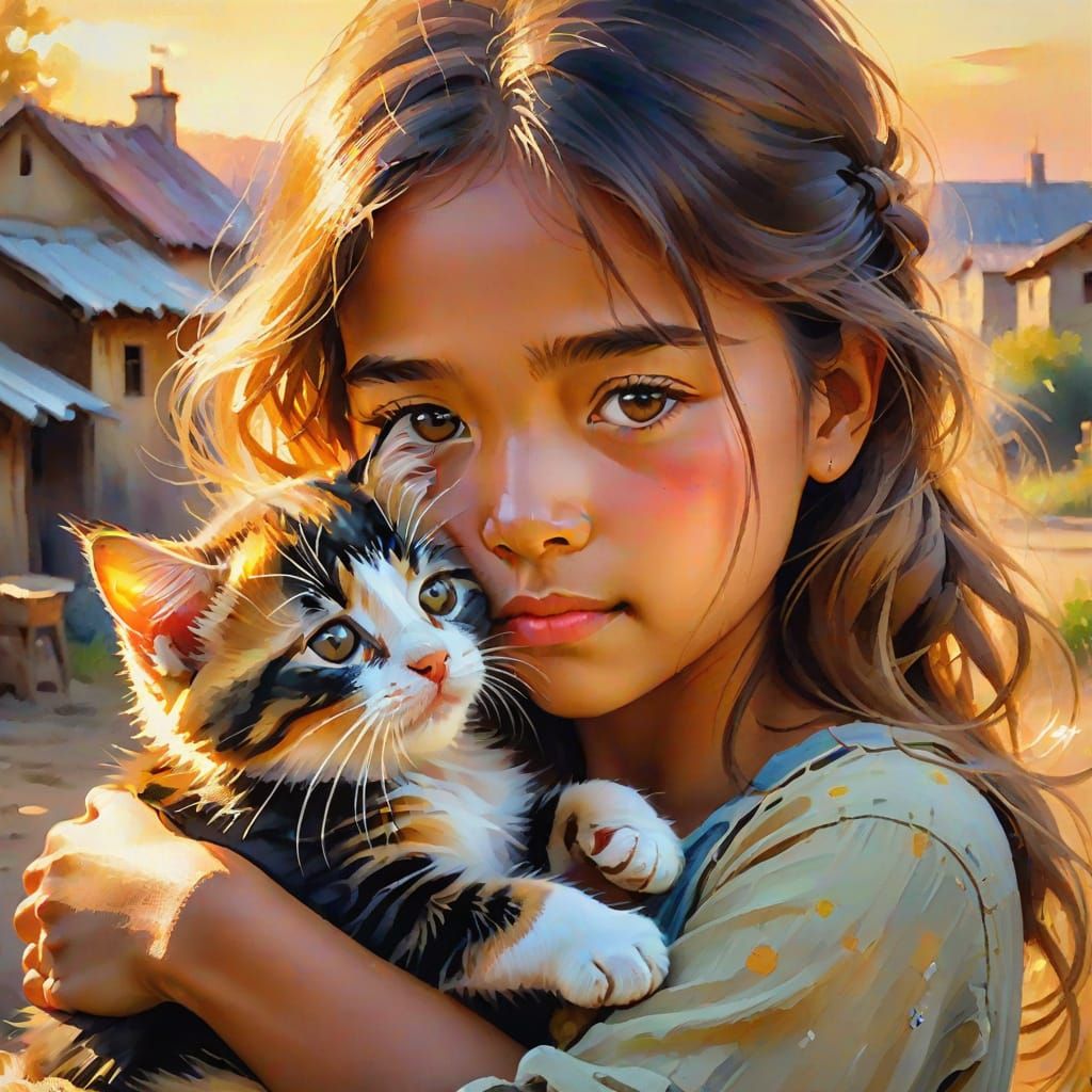 Impressionist Girl Hugging Kitten in Watercolor Style