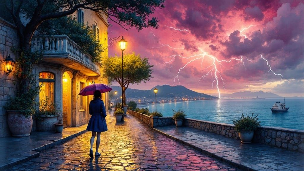 Nice Thunderstorm: Moebius-Style Street Scene