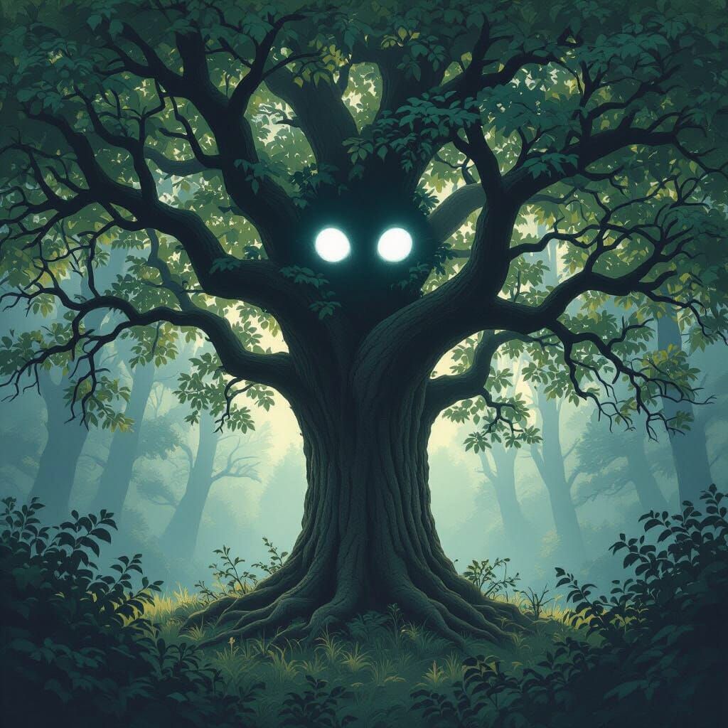 Mysterious Eyes Emerge from Forest Oak Tree