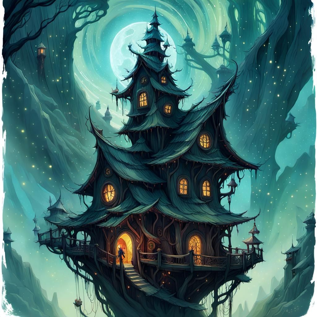 Baba Yaga's Flying Home in Starry Nebula