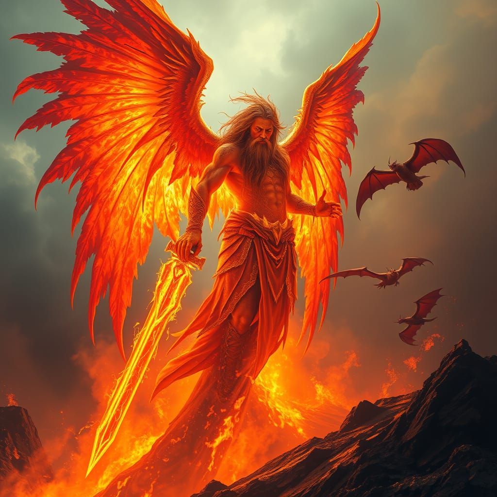 Colossal Fire Angel Emerging from Volcano