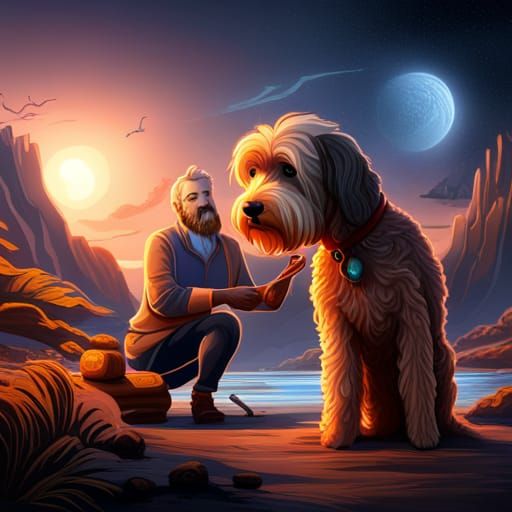 Man Pets Golden Doodle in Detailed Digital Painting