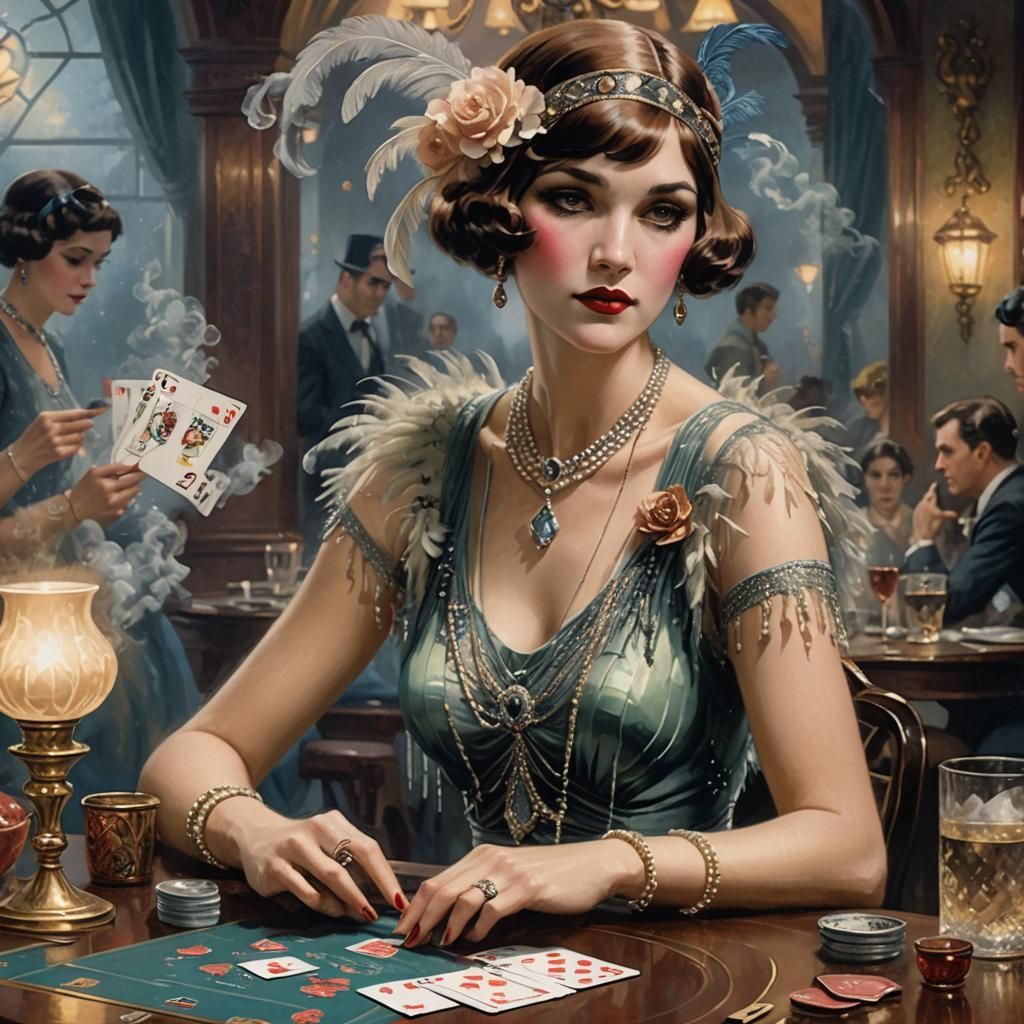 Flapper Woman Playing Cards in Sinister Color