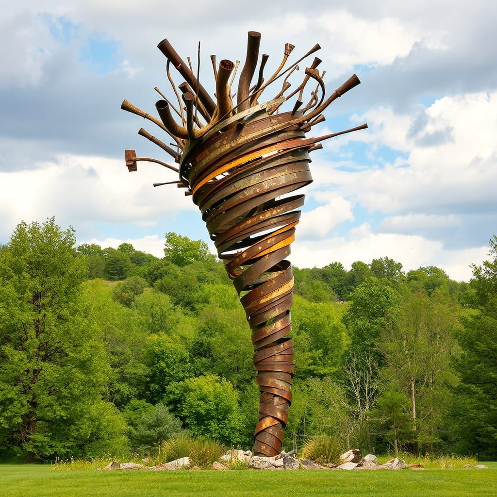 Dynamic Tornado Sculpture in Rustic Natural Setting