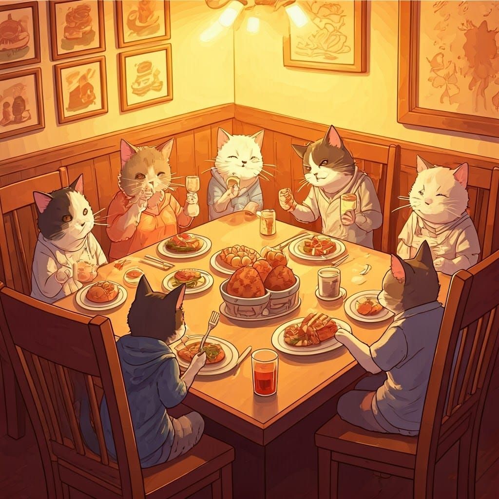 Anime Cats' Restaurant Adventure in Manga Style