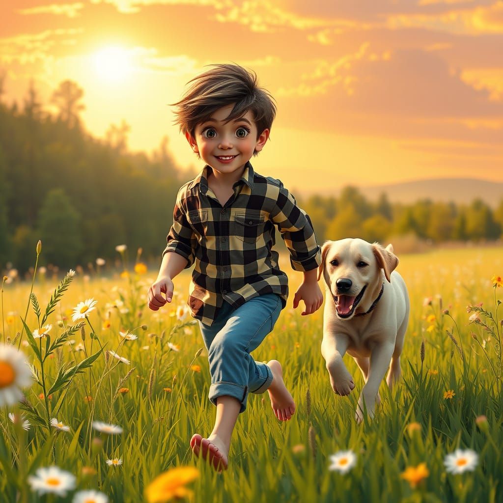 Boy and Dog in Wildflower Meadow, Digital Painting
