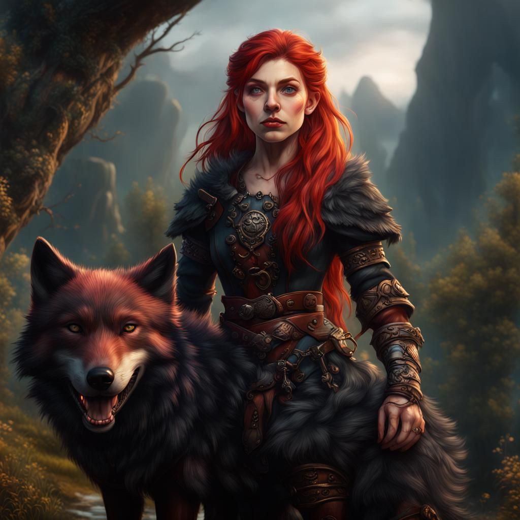 Halfling Woman with Black Wolf Fantasy Art