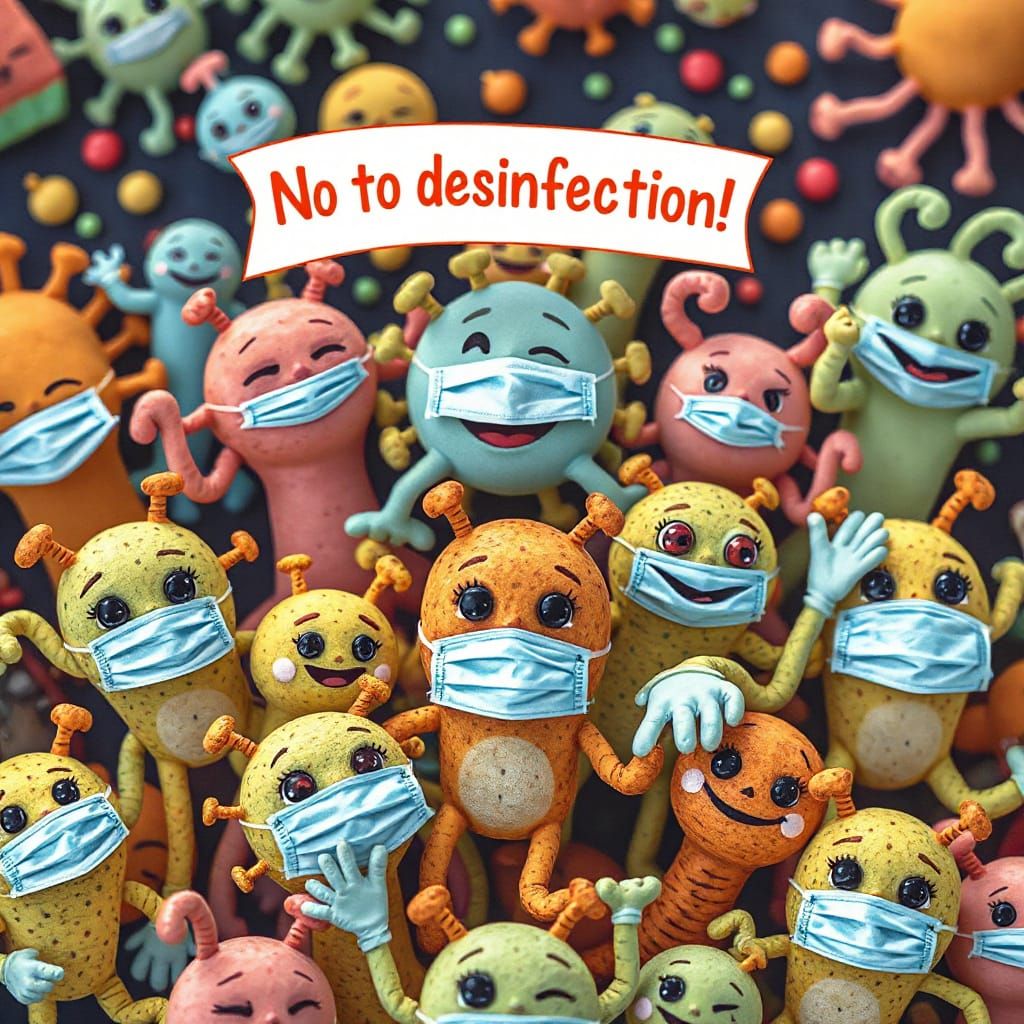 Adorable Microbes Protest Disinfection in Cartoon Style