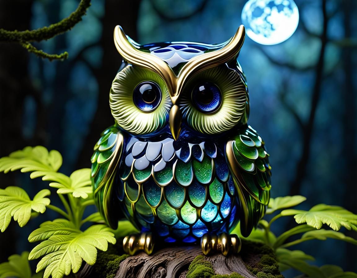 Enameled Glass Owl Figurine in Moonlit Fractal Scene