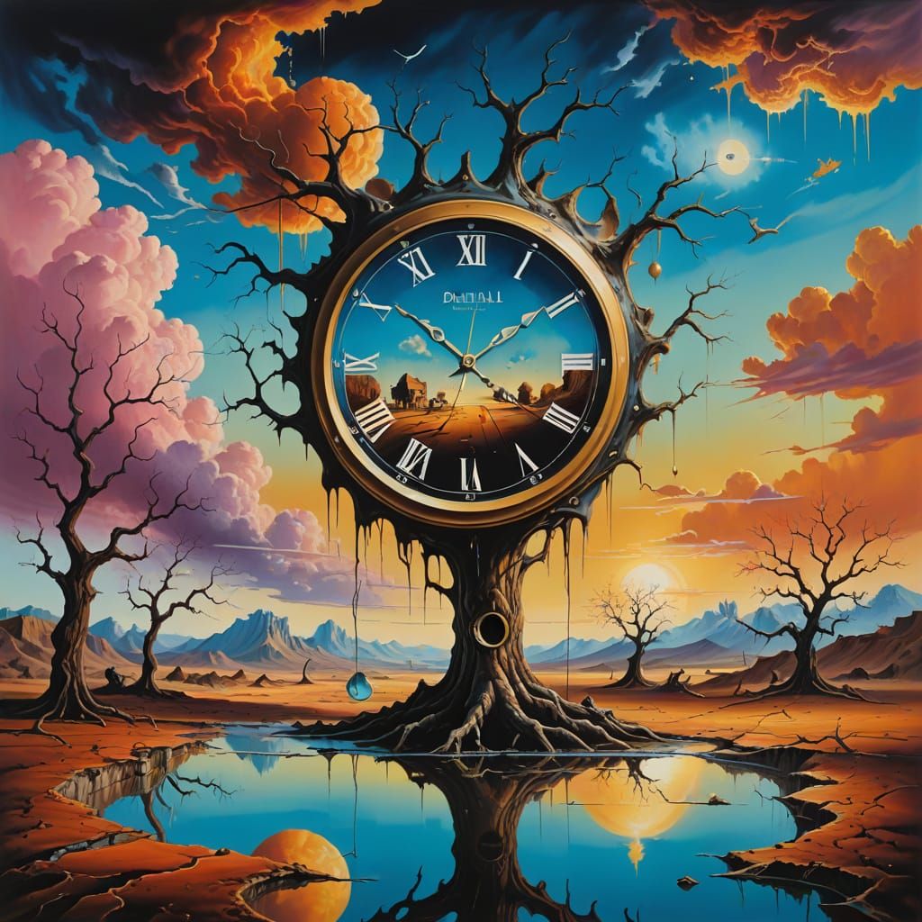 Melting Clock on Twisted Tree in Surreal Landscape