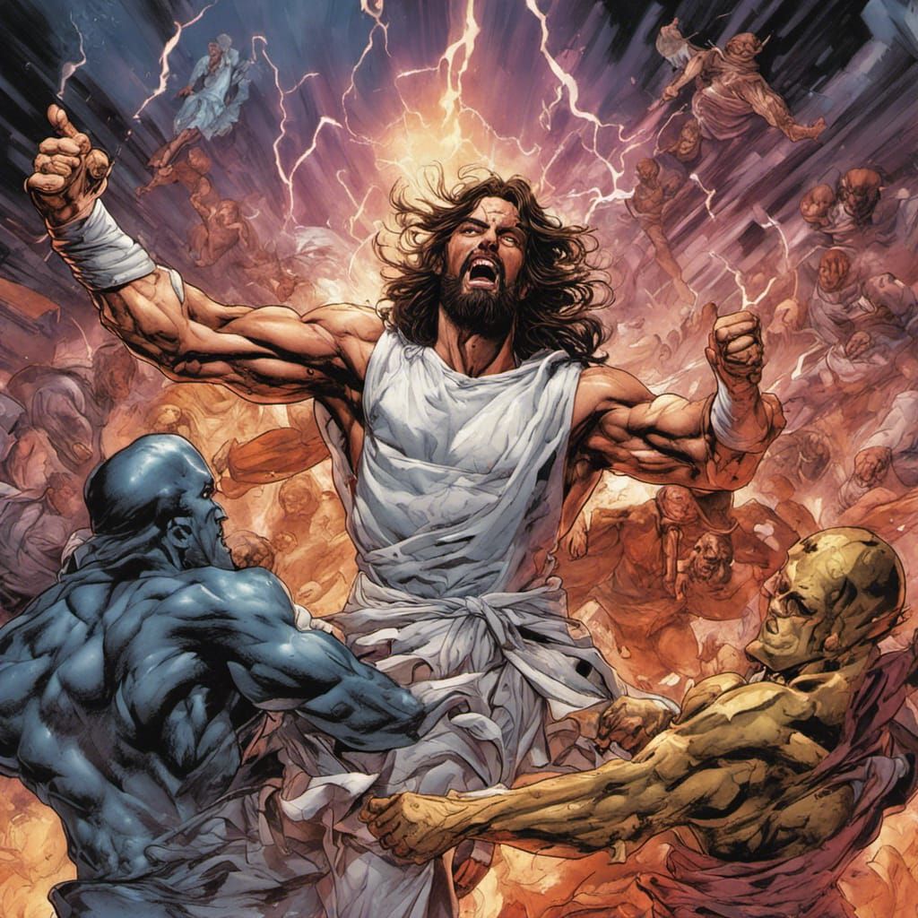 Jesus Battles Demons in Hyperrealistic Ultraverse Scene