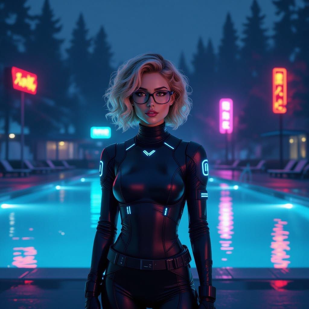 Cyberpunk Swimmer in Neon-Lit Pool
