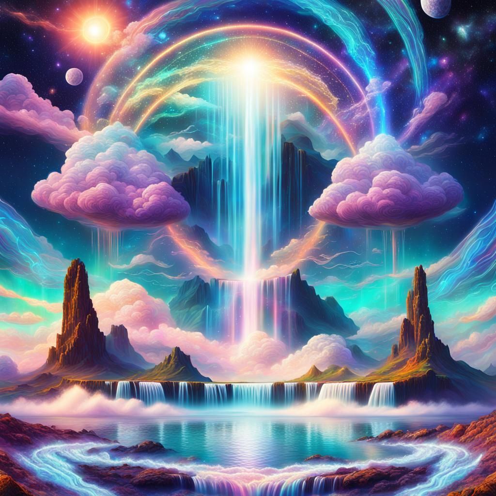 Cosmic Waterfall of Energy Waves in Astral Illustration