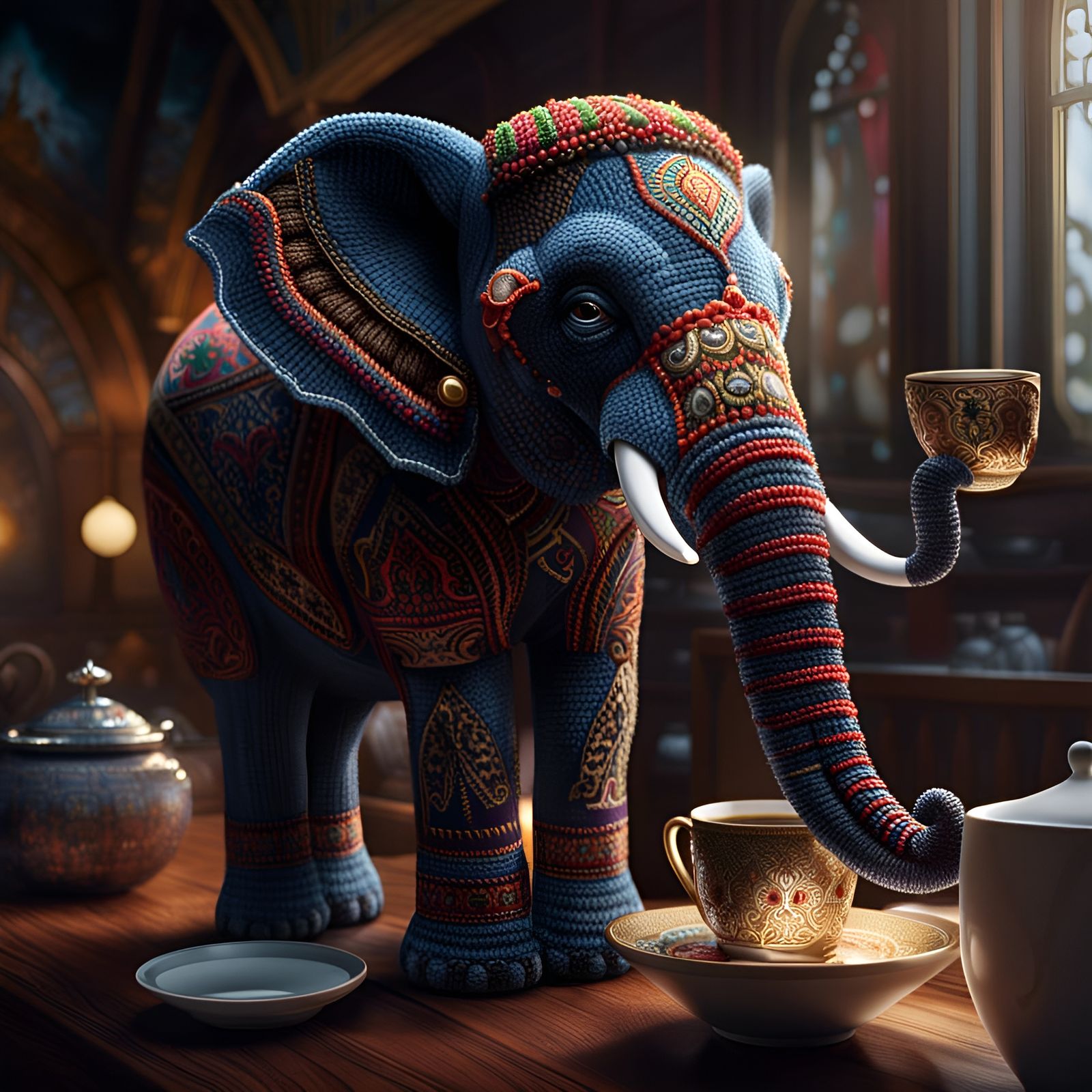 Knitted Elephant's Coffee Break: Hyperdetailed 8K Render