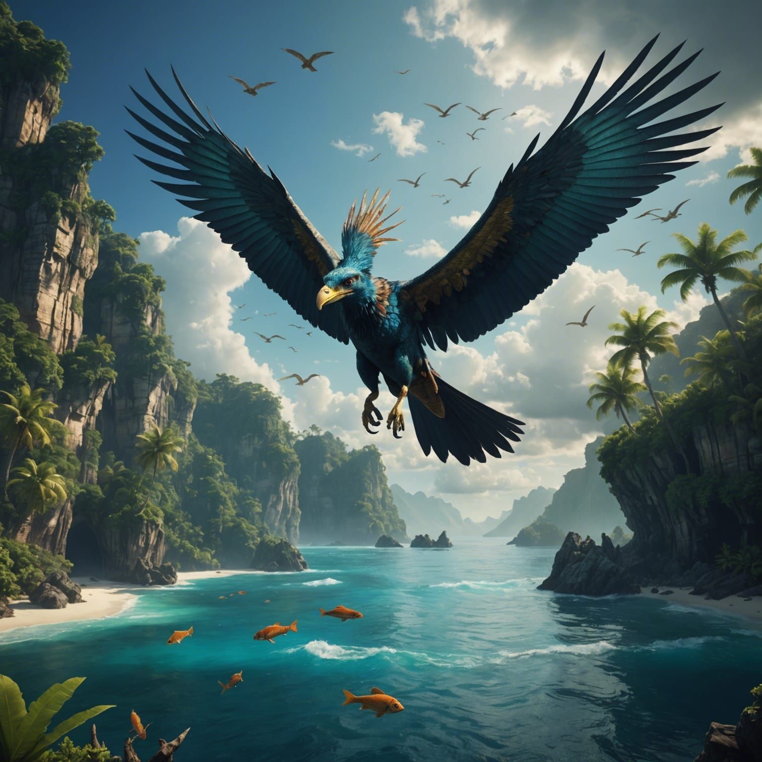 Archaeopteryx Flies Above Tropical Ocean: Digital Painting