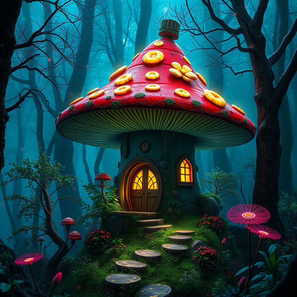 Enchanted Fairy Mushroom House in Bioluminescent Forest