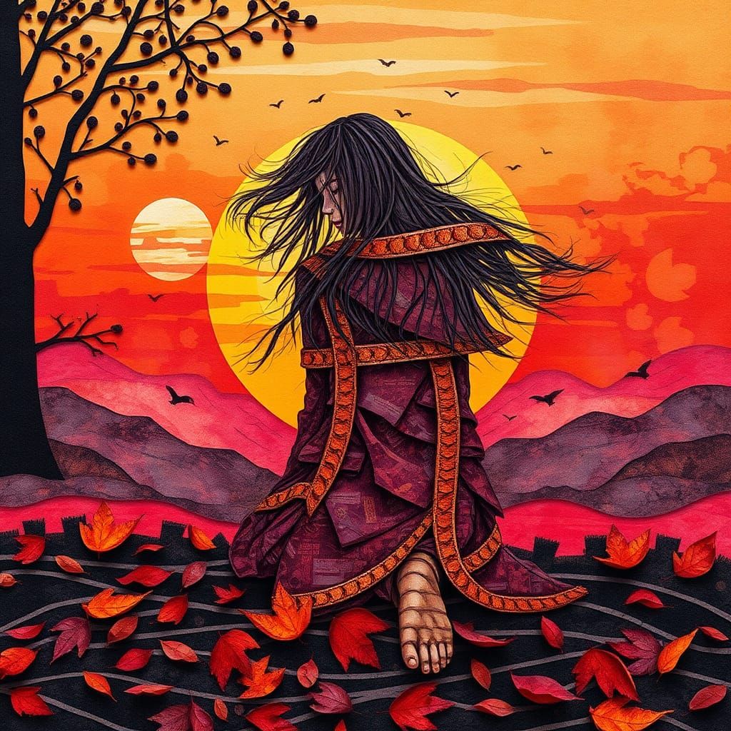 Autumnal Silhouette in Paper Collage Style