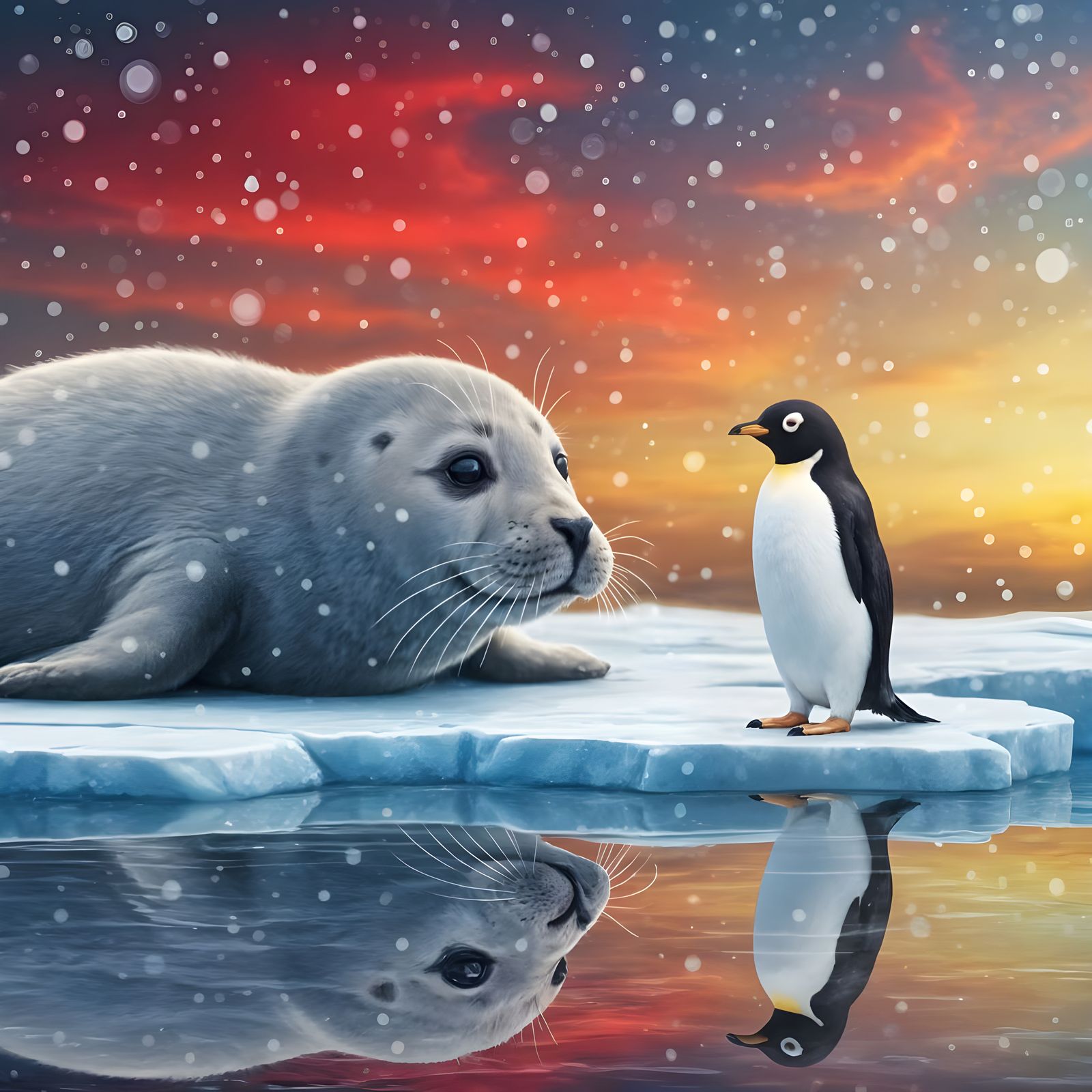 Cute Seal and Penguin in Ethereal Snowfall