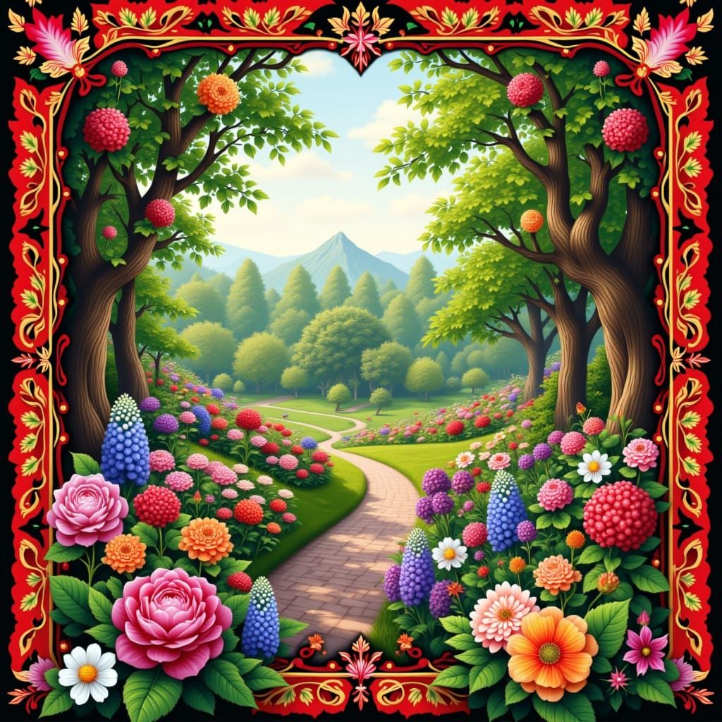 Vibrant Folk Art Garden With Khokhloma Border