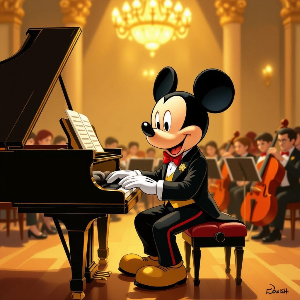 Mickey Mouse Plays Piano in Grand Concert Hall