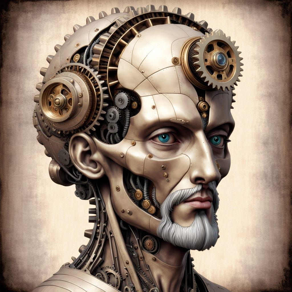 Autocognitron. A polished cranial sculpture revealing an intricate engine of gears and cogs, an arcane vision of mechani...