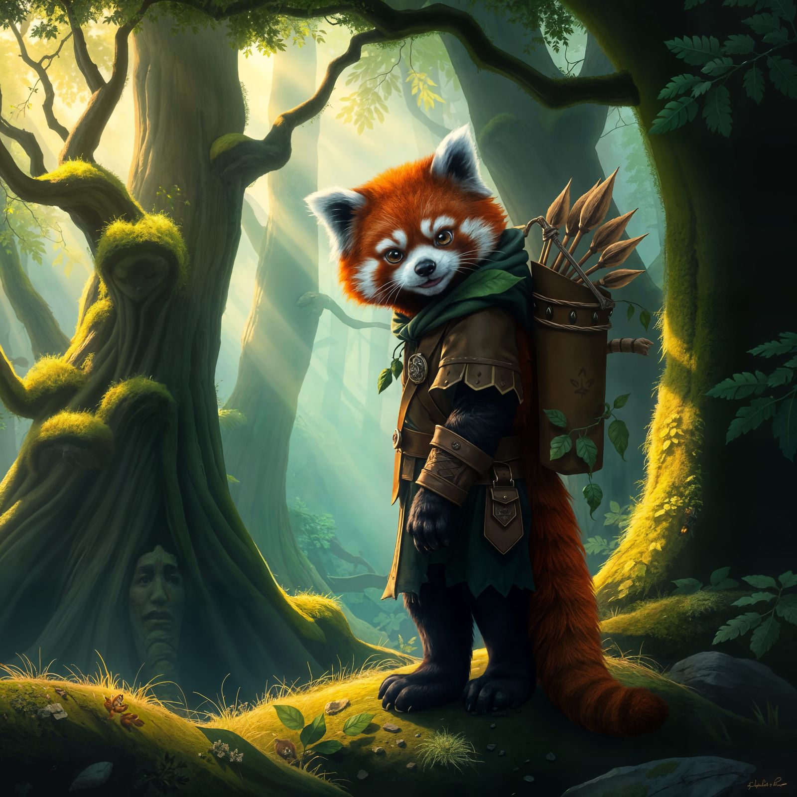 Fantasy Ranger Red Panda in Primal Forest
