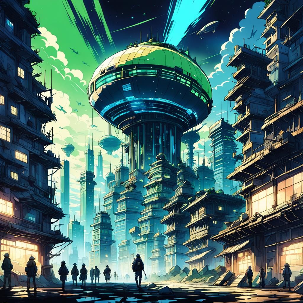Ruined Futuristic City with Zeppelin in Anime Style