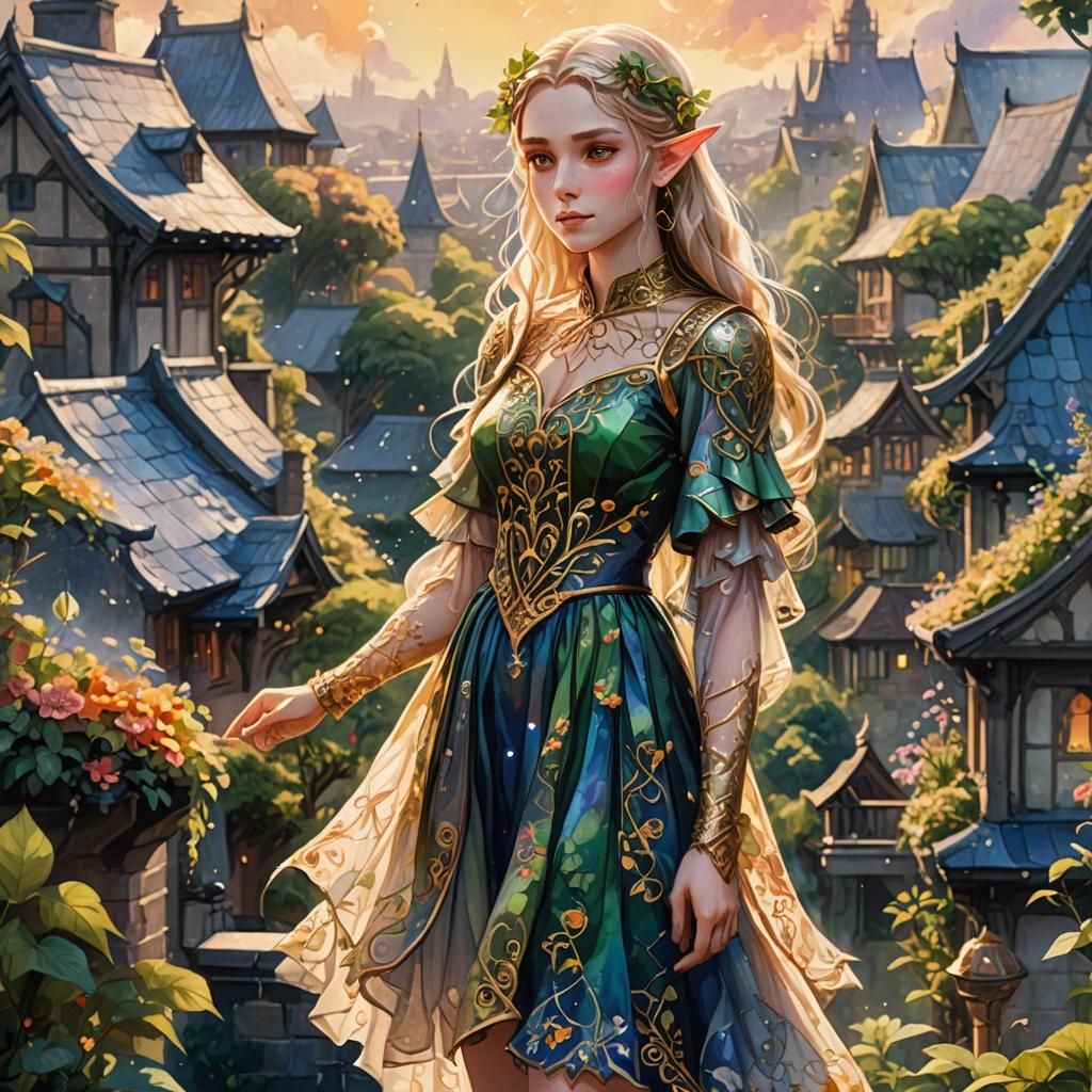 Elf on Rooftop Overlooking Garden in Manga Style