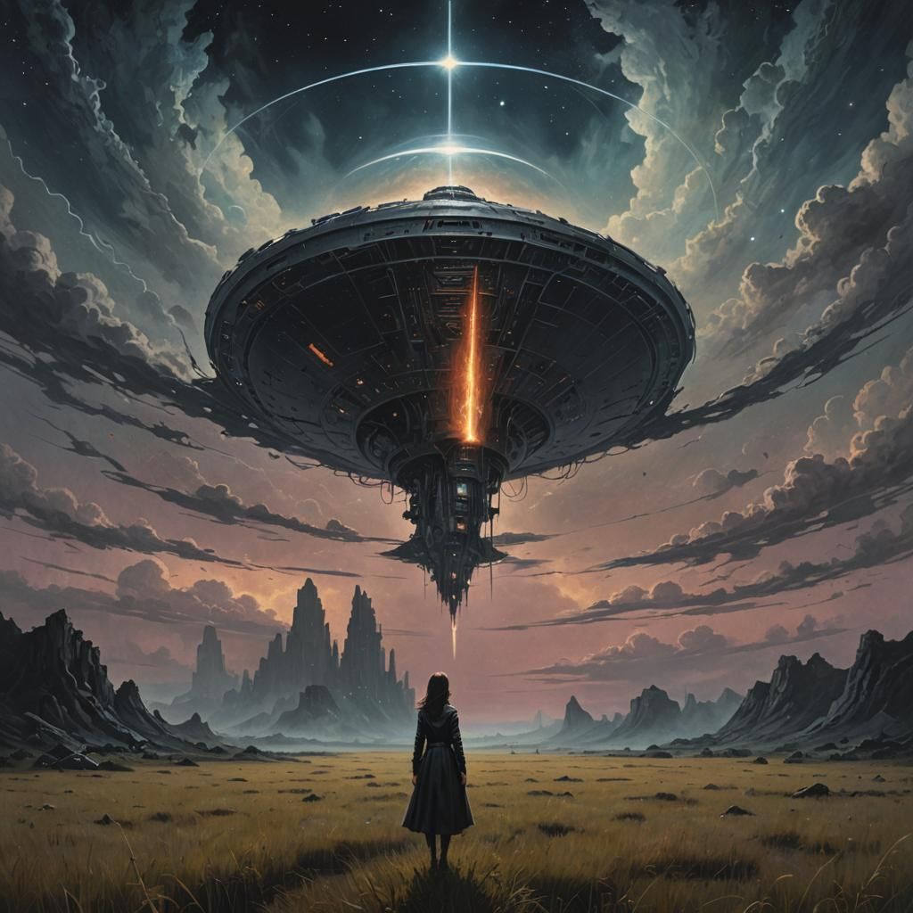 Woman and Spaceship in Witchcore Matte Painting