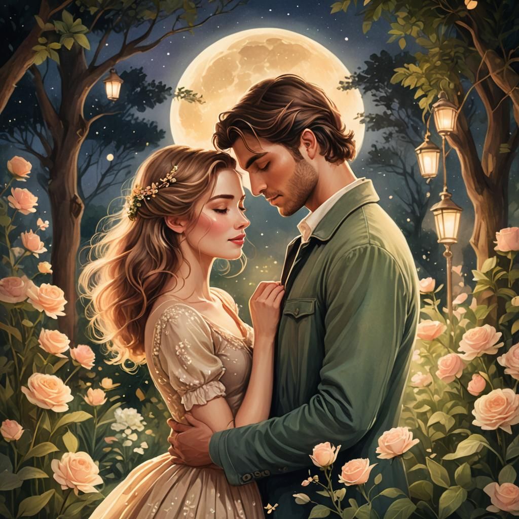 Romantic Couple in Moonlit Garden Digital Illustration