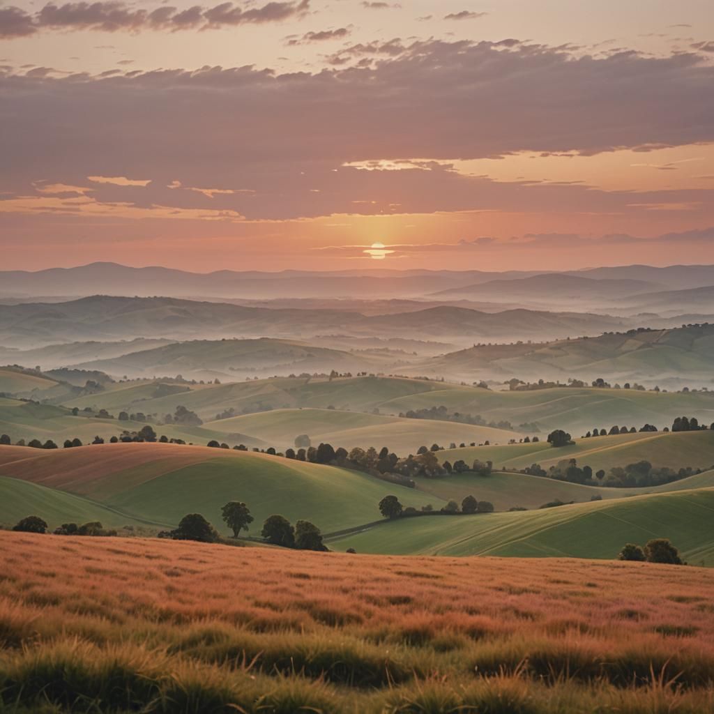 Vibrant Sunset Over Misty Hills as Impressionist Painting