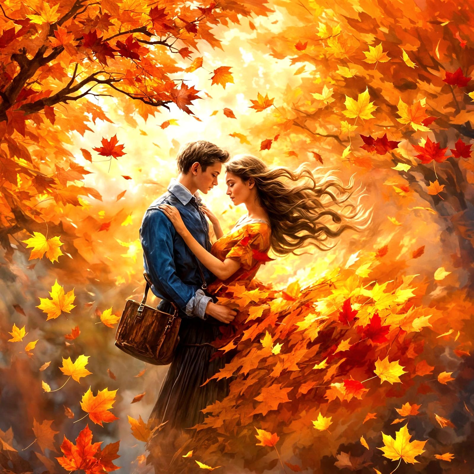 Autumn Leaves Swirling in a Luminous Storm