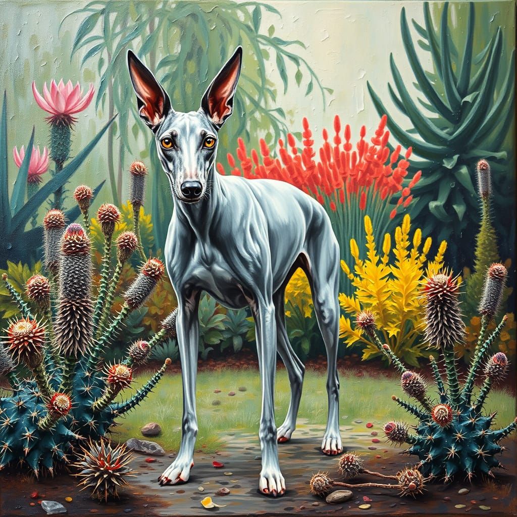 Greyhound in Surrealist Garden Landscape