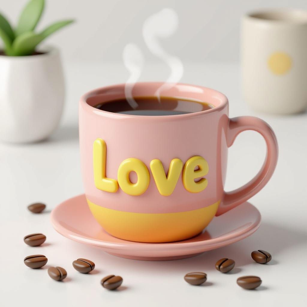 Pink Ceramic Mug with "Love" Text in Cartoon Style
