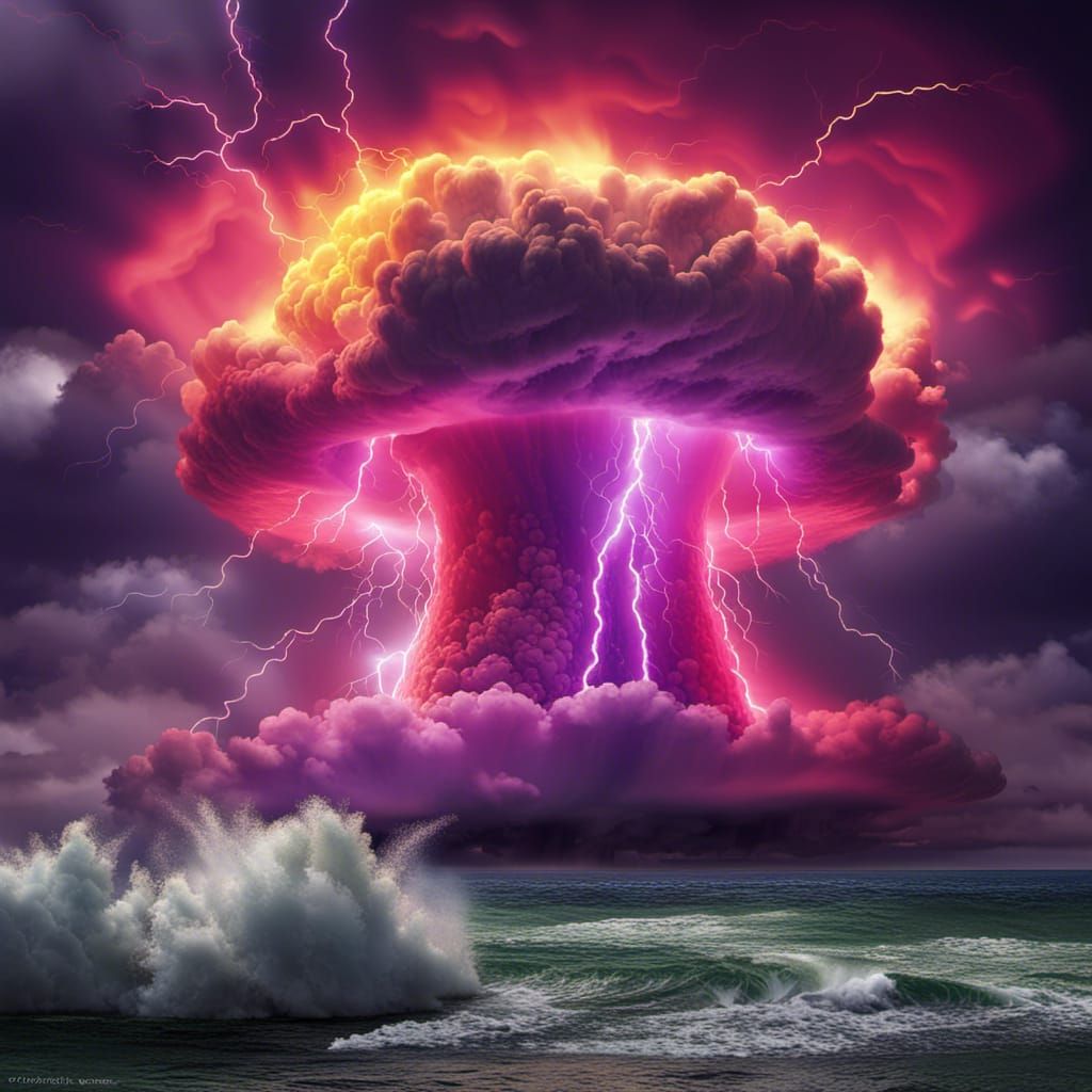 Epic Nuclear Lightning Storm Over Volcanic Ocean