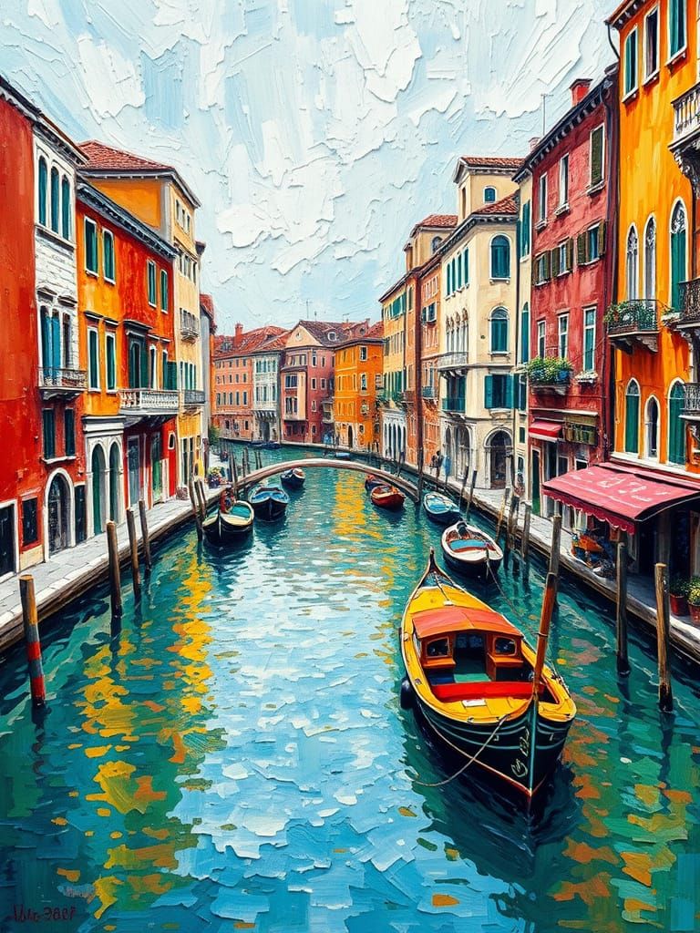 Venice, Italy: Expressionist Oil Painting with Textured Pain...
