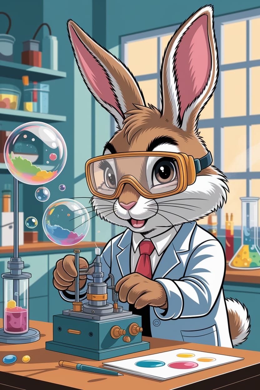 Whimsical Bunny Inventor Creates Colorful Bubble Device