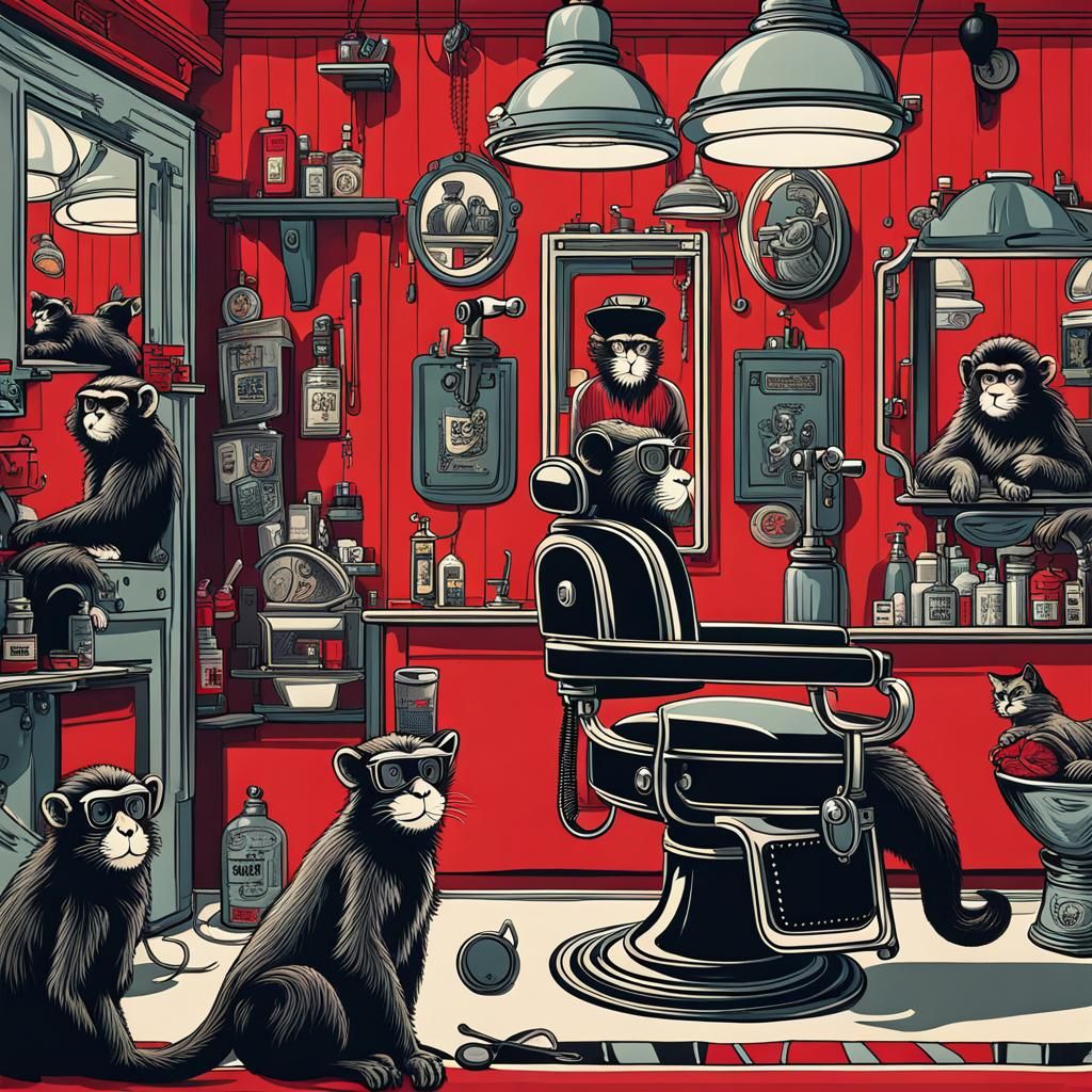 Barber Shop with Monkeys and Cats in Abstract Style