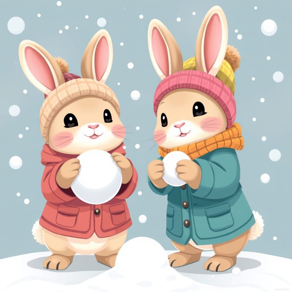 Cute Bunnies Building a Snowman in Whimsical Winter Wonderla...