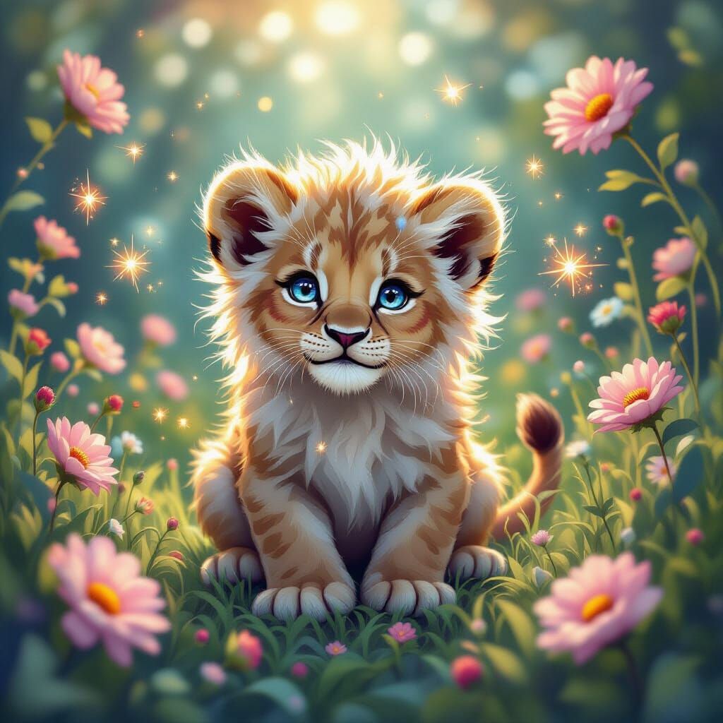 Celestial Lion Cub in Cosmic Garden, Ethereal Art
