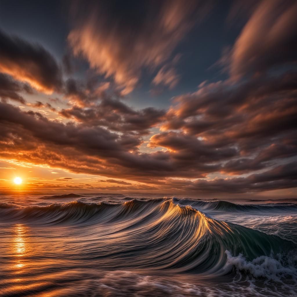 Hyperrealistic Sunset Over Small Rolling Waves