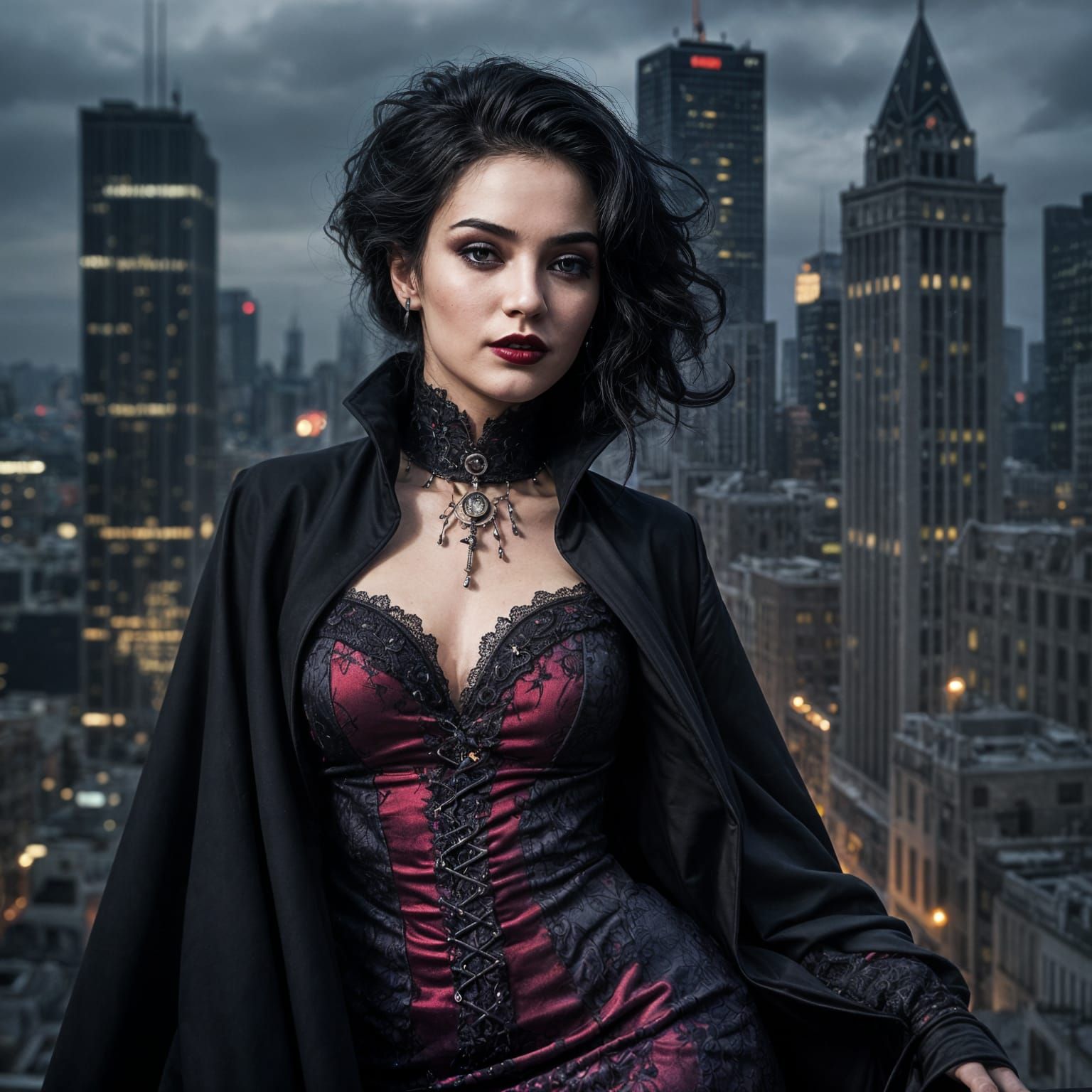 Classic Noir Vampire Goddess Surveys Her Gothic Metropolis