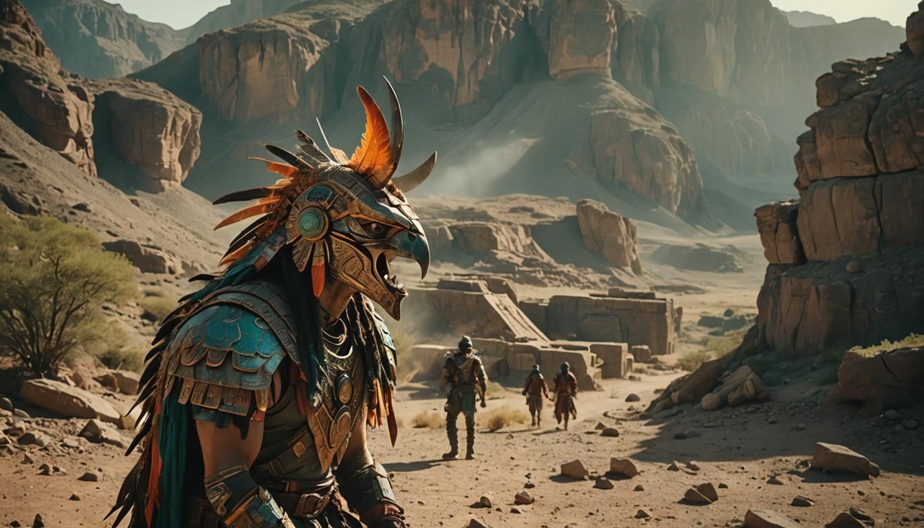 Aztec Gods in Cinematic Film Still