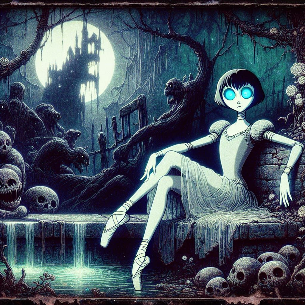 Eerie Princess in Decaying Garden: Old Cartoon Style
