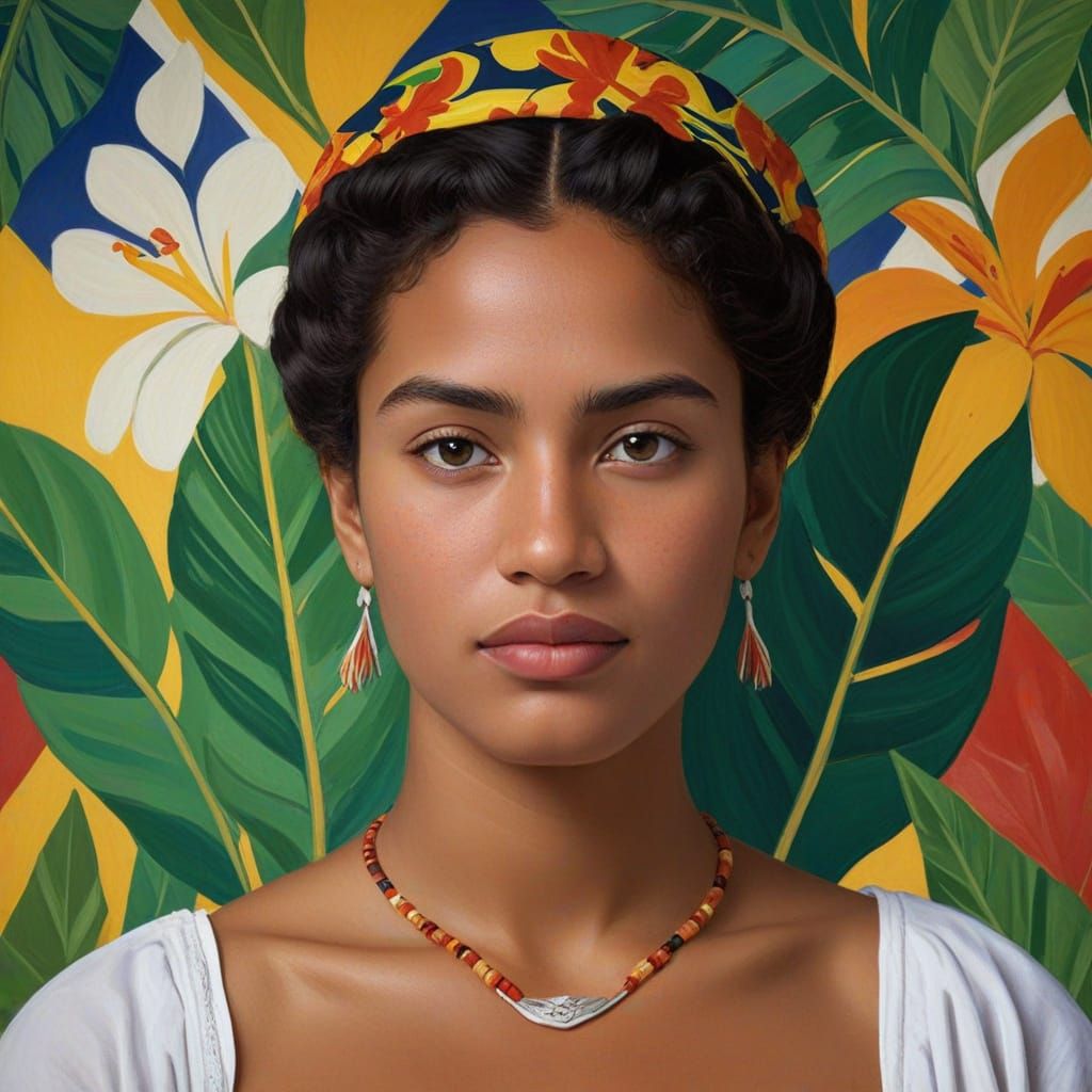 Solomon Islands Polynesian Woman Portrait in Matisse Style