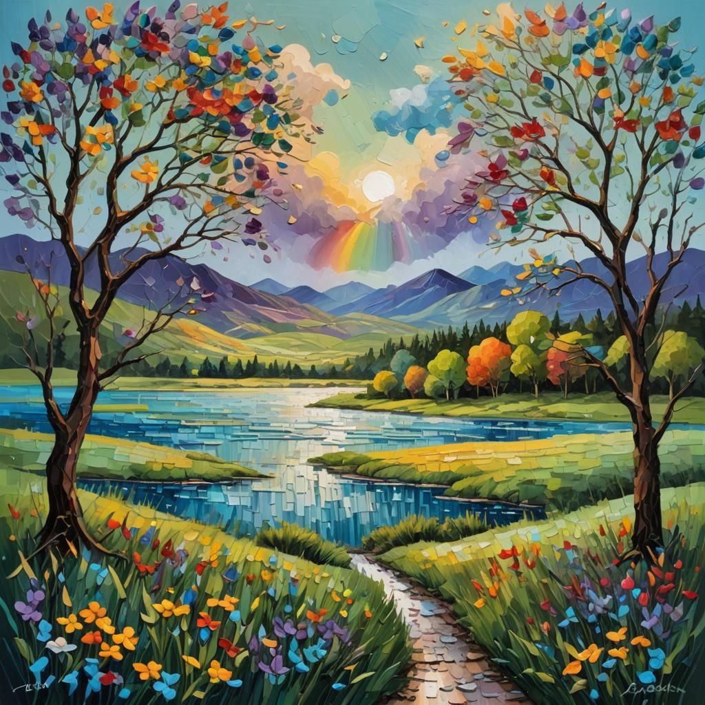 An  oil painting with vivid, saturated colors and a textured...