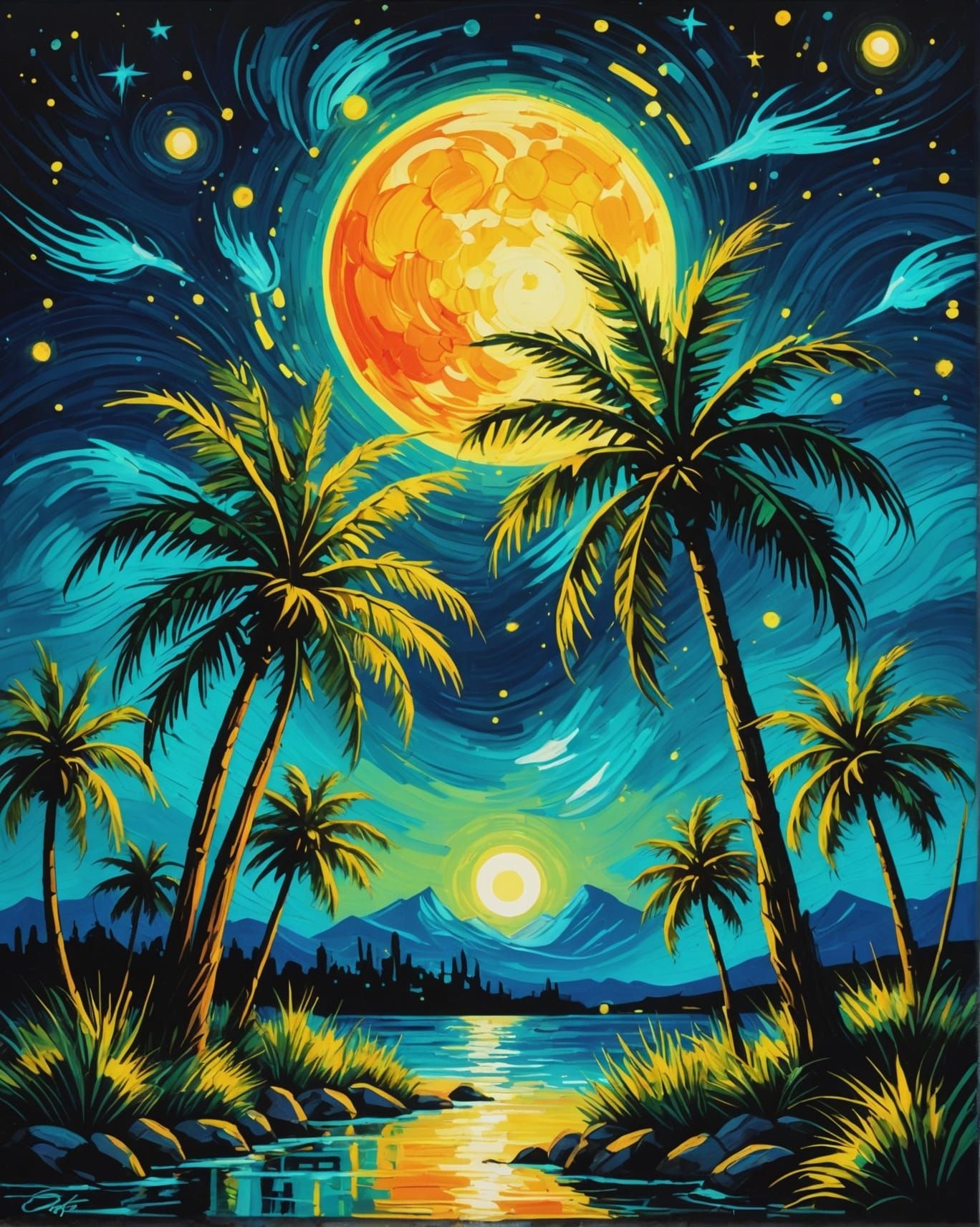 Neon Palm Trees in Van Gogh Style